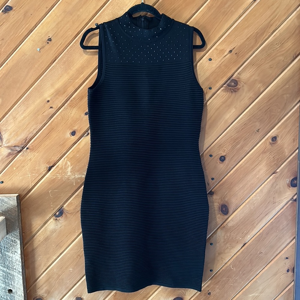 Calvin Klein black ribbed high neck sheath dress